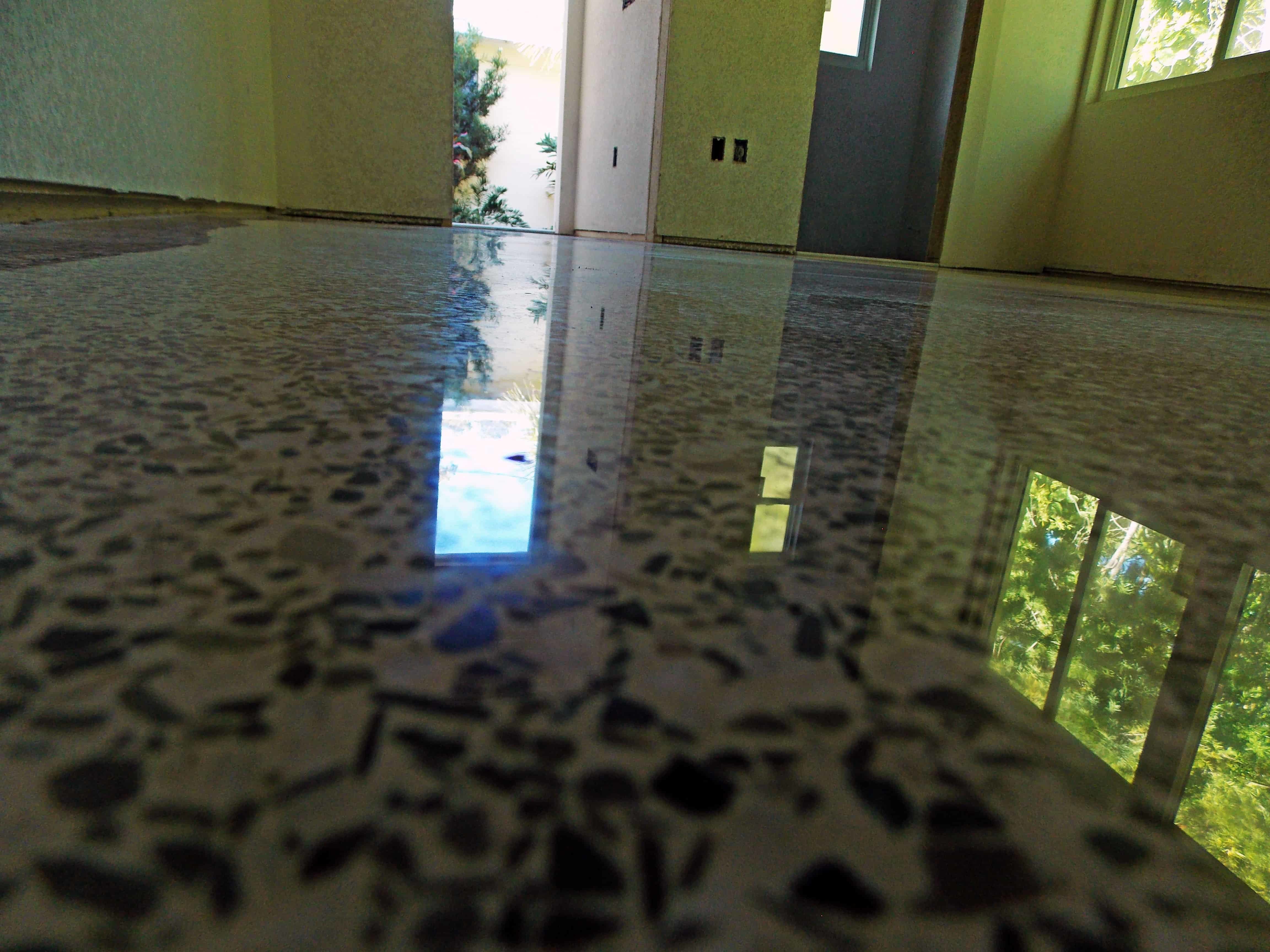 Polished terrazzo done with diamonds and no topical sealer